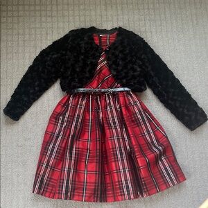 Bonnie Jean Red and Black Plaid Holiday Dress with Layering Fur Sweater size 10